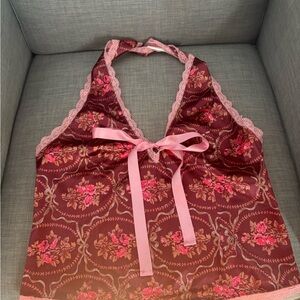 Urban Outfitters Burgundy and Pink Floral Halter Top
